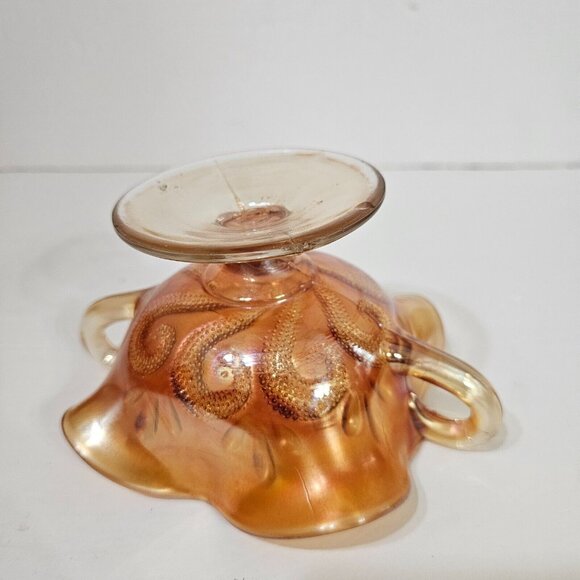 Vintage Dugan Carnival Glass Question Mark Pattern Bon Bon Dish Double Handle - Picture 6 of 8